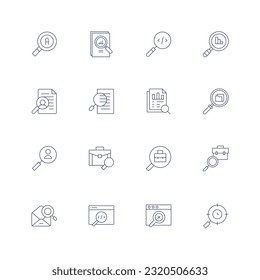 Search line icon set. Editable stroke. Thin line icon. Containing advanced search, analysis, cv, data analytics, data searching, job search, mail, meta, no results, search.