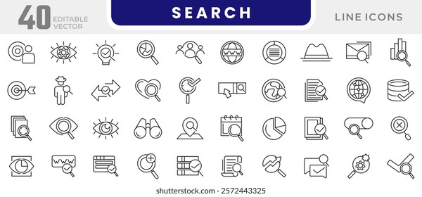 Search line icon set. Magnifying glass, seo, website, business, optimation, sign,loupe, revision, inspector, monitoring, analysis line icon set. UI thin line icon pack.