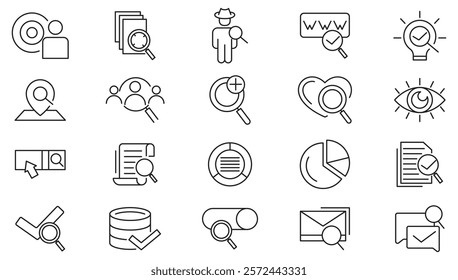 Search line icon set. Magnifying glass, seo, website, business, optimation, sign,loupe, revision, inspector, monitoring, analysis line icon set. UI thin line icon pack.