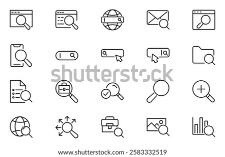 Search line icon set. Zoom, binoculars, find document, magnify glass, web, browse, digital marketing, data analysis and Artificial Intelligence icon set.