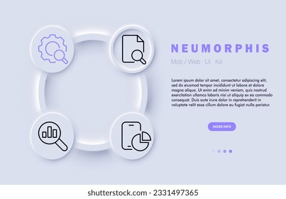 Search line icon. Settings, options, gear, pie chart, graphs, file, information, smartphone. Neomorphism steyle. Vector line icon