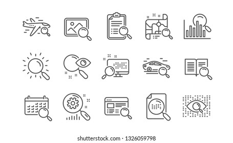 Search line icons. Indexation, Artificial intelligence and Car rental. Search images linear icon set.  Vector