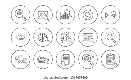 Search line icons. Indexation, Artificial intelligence and Car rental. Search images linear icon set. Line buttons with icon. Editable stroke. Vector