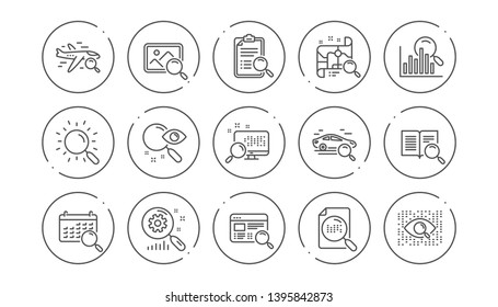 Search line icons. Indexation, Artificial intelligence and Car rental. Search images linear icon set. Line buttons with icon. Editable stroke. Vector