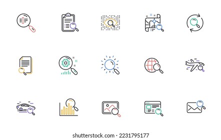 Search line icons. Indexation, Artificial intelligence and Car rental. Search images linear icon set. Bicolor outline web elements. Vector