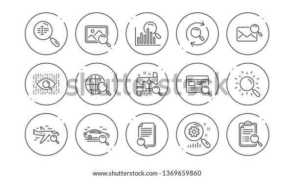 Search line icons. Indexation, Artificial\
intelligence and Car rental. Search images linear icon set. Line\
buttons with icon. Editable stroke.\
Vector