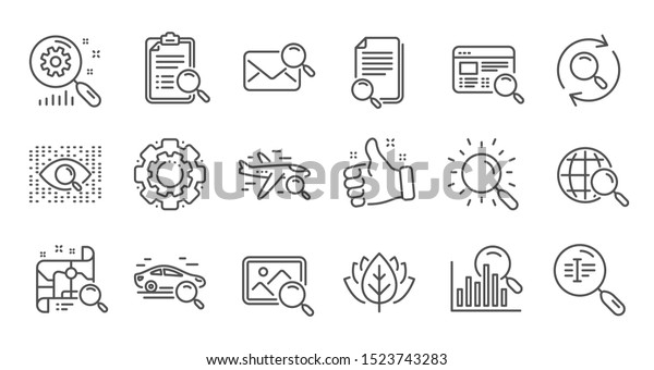 Search line icons. Indexation, Artificial\
intelligence and Car rental. Search images linear icon set. Quality\
line set. Vector