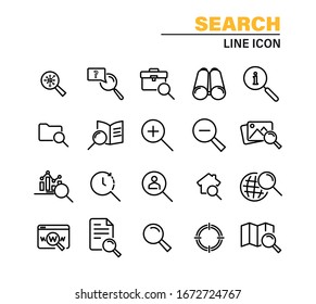 Search Line Icons. Magnifying Glass. Thin Signs Search, Zoom In And Out Icon. Collection Modern Lines Web Icons. Editable Stroke.