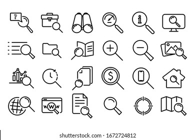 Search Line Icons. Magnifying glass. Thin signs Search, zoom in and out icon. Collection modern lines web icons. Editable Stroke.