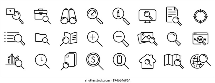 Search Line Icons. Magnifying glass. Thin signs Search, zoom in and out icon. Collection modern lines web icons. Editable Stroke.