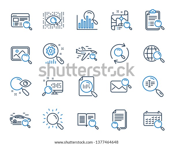 Search line icons. Photo indexation, Artificial\
intelligence, Car rental icons. Airplane flights, Web search\
engine, Analytics. Find photo, checklist document, artificial\
intelligence eye.\
Vector