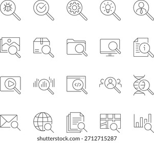 Suchzeilensymbole Set- Datensuche, Dateisuche, Analyse, SEO, Forschung, Minimal Outline Vector.