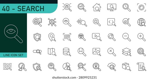 Search Line Icons Set, Find, Lookup, Discovery, SEO, Data Search, File Search, Web Search, Magnifying Glass, Editable Stroke Outline Vector Collection