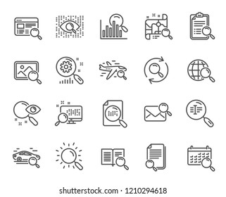 Search line icons. Set of Indexation, Artificial intelligence and Car rental linear icons. Airplane flights, Web search engine and Analytics graph symbols. Photo, Find text and mail. Vector