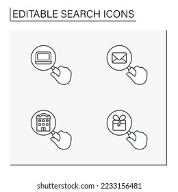  Juego de iconos de línea de búsqueda. Mirando a través de una lupa. Buscando entretenimiento. Conceptos SEO. Ilustraciones vectoriales aisladas. Trazo editable