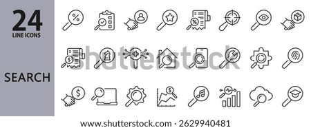 Search line icons set with Magnifying, Find, Magnify, Explore, Research, Focus, Inspect and more. Editable Stroke