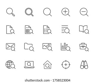 Suchzeilensymbole setzen. Vergrößern, Dokument finden, Vergrößern Glas-Symbol, Aussehen-Tool, Fernglas minimale Vektorgrafiken. Einfache flache Rahmenzeichen für die Web-Schnittstelle. Pixel perfekt bearbeitbarer Stroke.