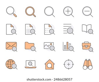 Search line icons set. Zoom, find document, magnify glass symbol, look tool, binoculars minimal vector illustrations. Simple flat outline signs for web interface. Orange color. Editable Strokes