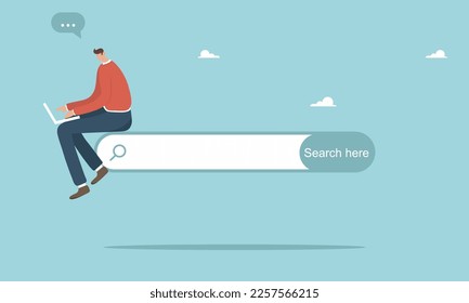 Search line, the main web page of the site. A businessman searches for information on the net. The search service helps employees work remotely from home, while students study remotely.