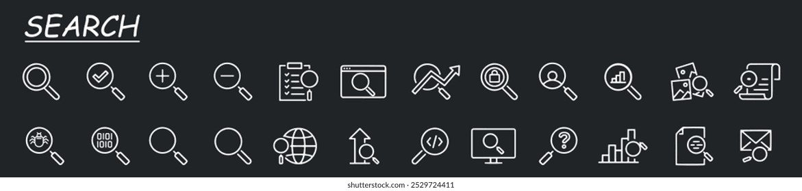 Search line set of web icons. Containing SEO, digital marketing, data analysis, management, investigate, find, bug search and more.