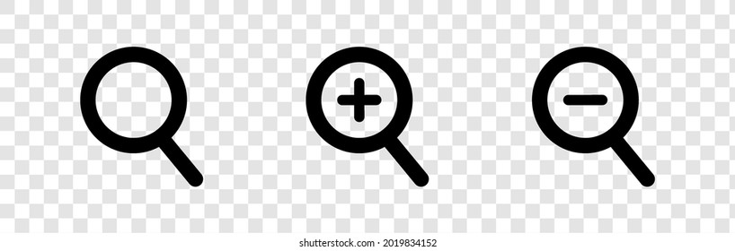 Search Line and Zoom in Icons. Magnifying Glass with Plus and Minus Icon For Mobile and Web Isolated on Transparent Background.