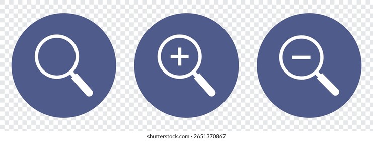 Pesquisar Linha e Ampliar Ícones. Lupa com ícone de mais e menos para celular e Web isolados em fundo transparente.