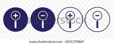 Search Line and Zoom in Icons. Magnifying Glass with Plus and Minus Icon For Mobile and Web Isolated on Transparent Background.
