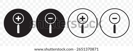 Search Line and Zoom in Icons. Magnifying Glass with Plus and Minus Icon For Mobile and Web Isolated on Transparent Background.