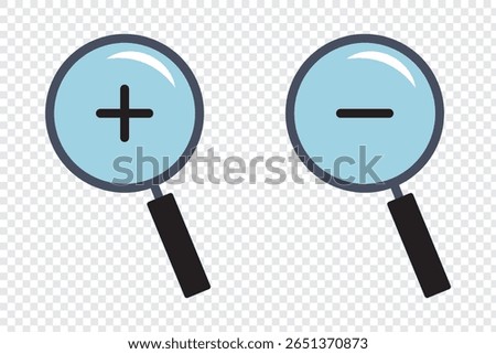 Search Line and Zoom in Icons. Magnifying Glass with Plus and Minus Icon For Mobile and Web Isolated on Transparent Background.