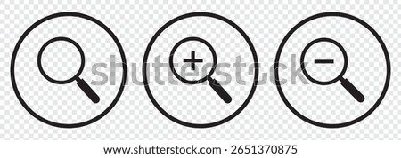 Search Line and Zoom in Icons. Magnifying Glass with Plus and Minus Icon For Mobile and Web Isolated on Transparent Background.
