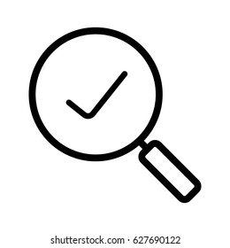 Lineares Symbol suchen. Dünne Illustration. Zauberglas mit Zeckmarkenkontursymbol. Vektor-einzelne Rahmenzeichnung