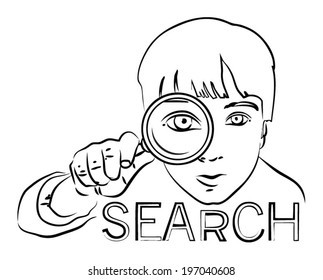 Search, little boy looking through a magnifying glass