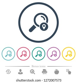 Search location flat color icons in round outlines. 6 bonus icons included.
