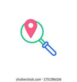 Search location flat icon, map pin with magnifier vector sign, gps tracking colorful pictogram isolated on white. Symbol, logo illustration. Flat style design