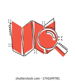 Search location icon in comic style. GPS navigation cartoon vector illustration on white isolated background. Locate position splash effect business concept.