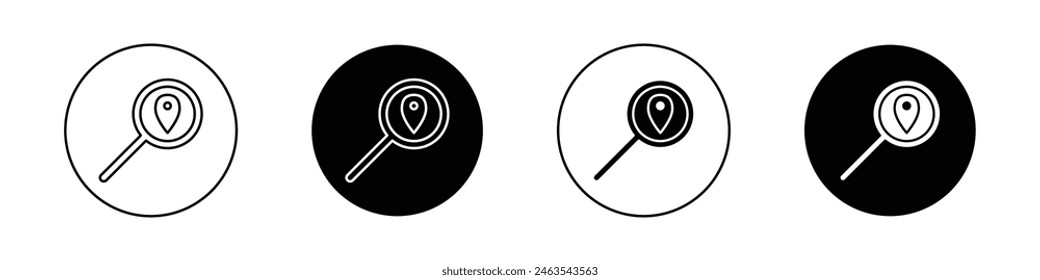 conjunto de iconos de Locación de Búsqueda. encuentre el pin de ubicación de lugar con el símbolo de Vector de la lupa en estilo negro relleno y contorneado.