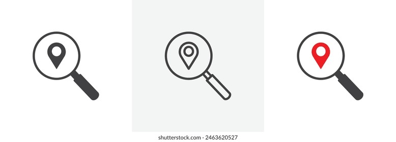 Search location icon set. Icons for location pins and magnifying glasses, place finding.