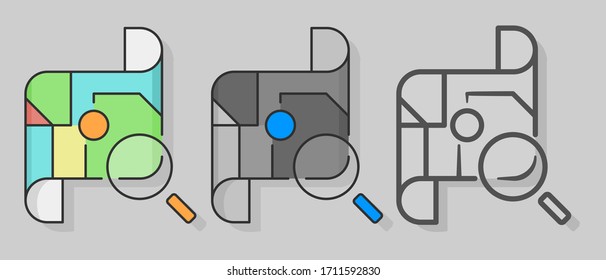 Search location icons set in different style. Map and magnifying glass. Flat style. Isolated.  