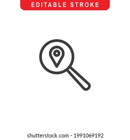 Search Location Outline Icon. Magnifying glass Line Art Logo. Vector Illustration. Isolated on White Background. Editable Stroke
