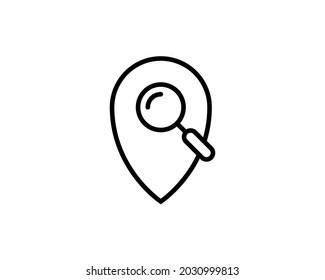 Search Location Outline Icon. Magnifying glass Line Art Logo. Vector Illustration. Isolated on White Background. Editable Stroke. Outline Pin icon with magnifier.
