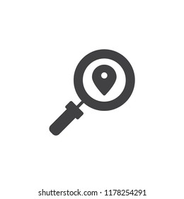 Search location pin vector icon. filled flat sign for mobile concept and web design. Map pin and magnifying glass simple solid icon. Symbol, logo illustration. Pixel perfect vector graphics