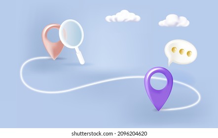 Search for the location of the position and the position of the route. Navigator pin location checking. Locator position point. 3d perspective vector illustration