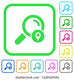 Search location vivid colored flat icons in curved borders on white background
