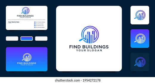 Diseño de logotipos de búsqueda con vidrio de construcción y aumento y tarjeta de visita