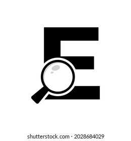 Logotipo de búsqueda. Diseño de logotipo de vidrio de aumento de letra E