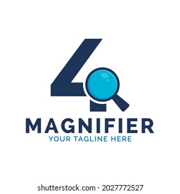 Search Logo. Number 4 Magnifying Glass Logo Design