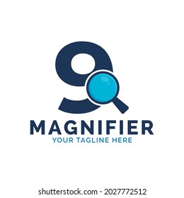 Search Logo. Number 9 Magnifying Glass Logo Design