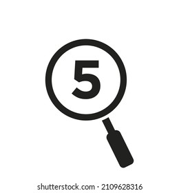 Search Logo On Letter 5 Vector Template. Magnifying Glass On Letter 5 Logo Design. Zoom, Find, Seo Sign Concept