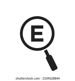 Search Logo On Letter E Vector Template. Magnifying Glass On Letter E Logo Design. Zoom, Find, Seo Sign Concept