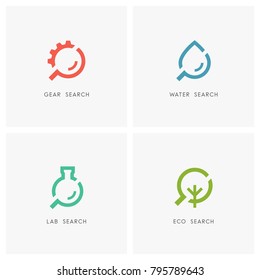 Search Logo Set. Gear Wheel Or Pinion, Drop Of Water, Laboratory Test Tube, Green Tree And Loupe Or Magnifier Symbol - Industry And Machinery, Chemistry And Medicine, Ecology And Environment Icons.